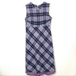 Pastel Purple Plaid Sleeveless Midi Dress With Lace Trim